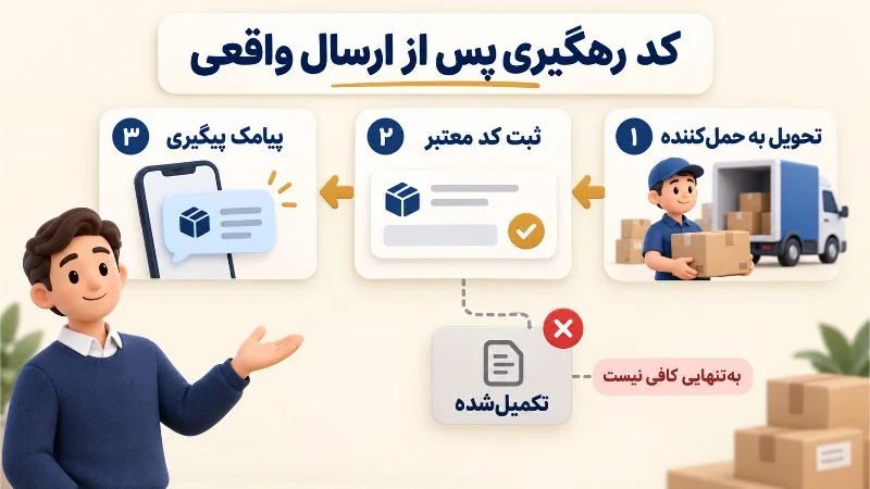 ارسال پیامک رهگیری پس از تحویل واقعی بسته و ثبت کد معتبر، مستقل از نام وضعیت تکمیل شده